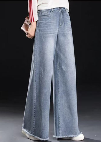 Blue Summer Light Tasseled Women Straight Pants Denim FashionChic