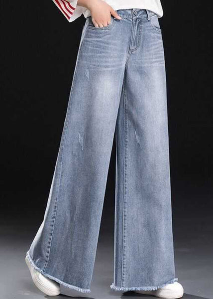 Blue Summer Light Tasseled Women Straight Pants Denim FashionChic
