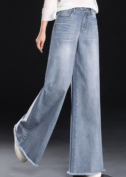 Blue Summer Light Tasseled Women Straight Pants Denim FashionChic