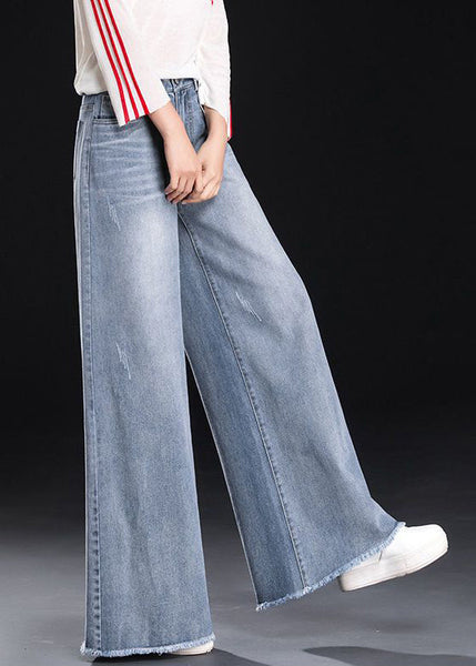 Blue Summer Light Tasseled Women Straight Pants Denim FashionChic