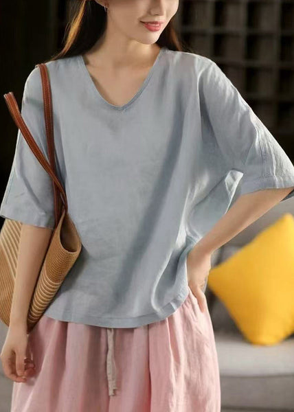 Blue Light T Sleeve Linen Neck Half Women Solid Shirt V FashionChic