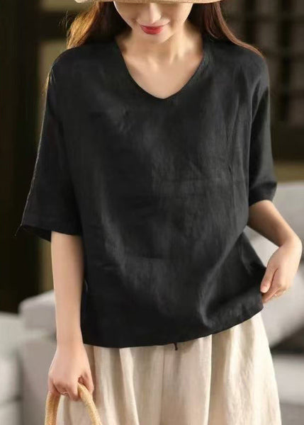 Blue Light T Sleeve Linen Neck Half Women Solid Shirt V FashionChic