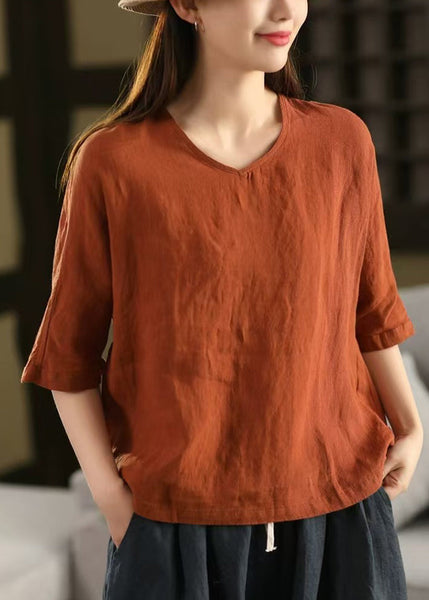 Blue Light T Sleeve Linen Neck Half Women Solid Shirt V FashionChic