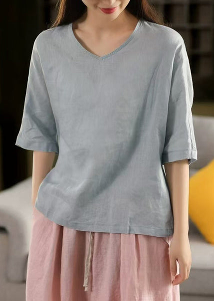 Blue Light T Sleeve Linen Neck Half Women Solid Shirt V FashionChic