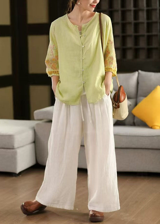 Linen Bracelet Sleeve Women Green Embroidered Light Shirts FashionChic