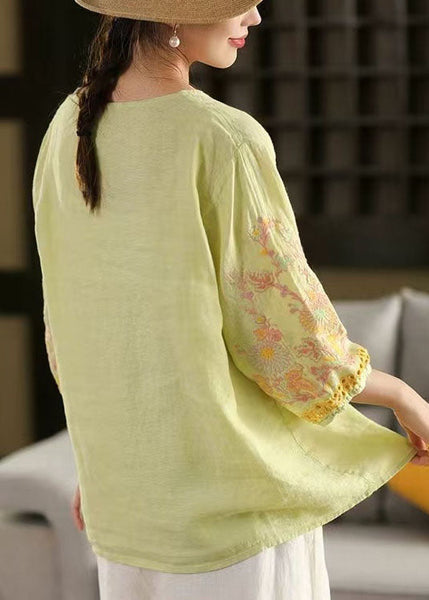 Linen Bracelet Sleeve Women Green Embroidered Light Shirts FashionChic