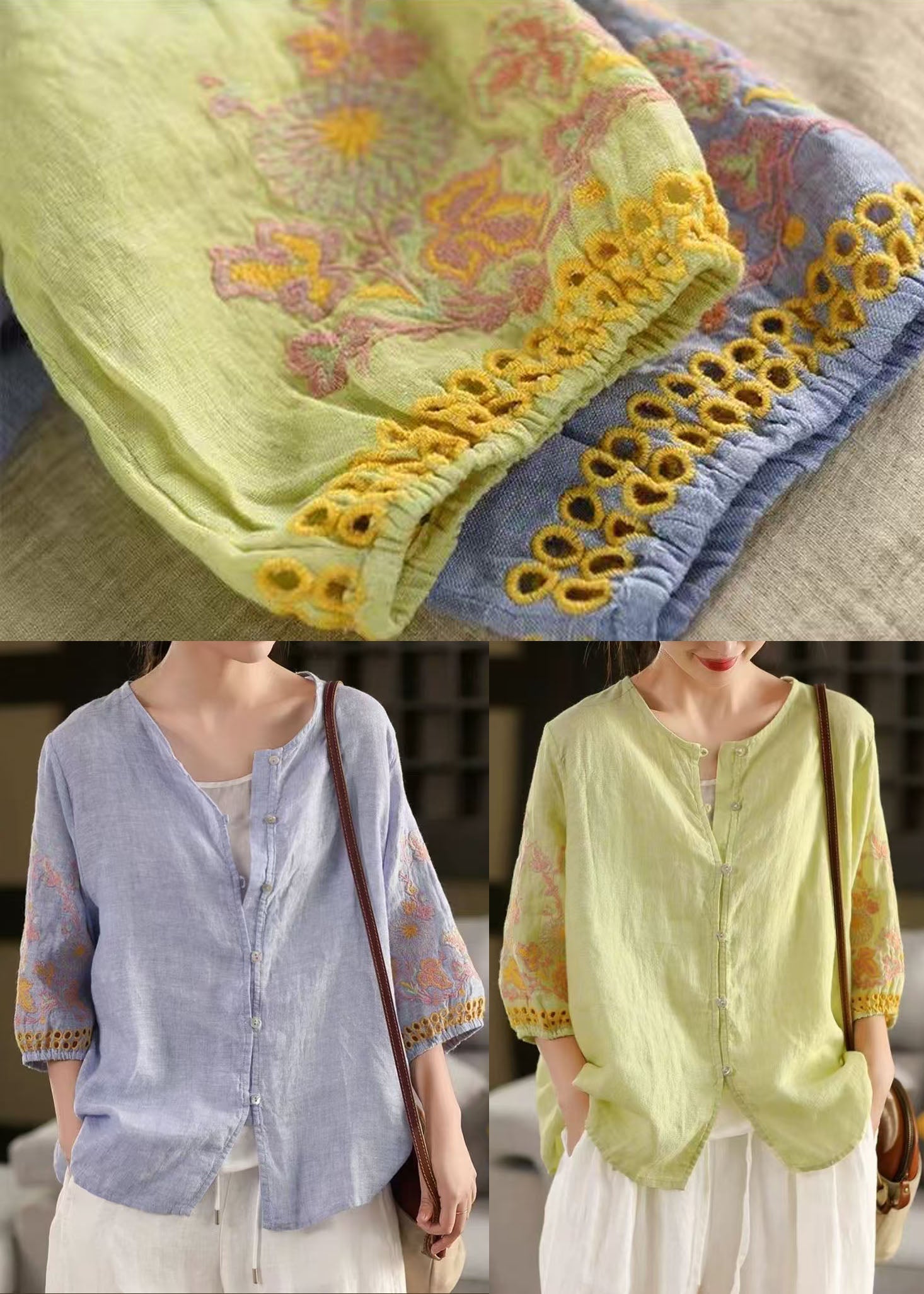 Linen Bracelet Sleeve Women Green Embroidered Light Shirts FashionChic