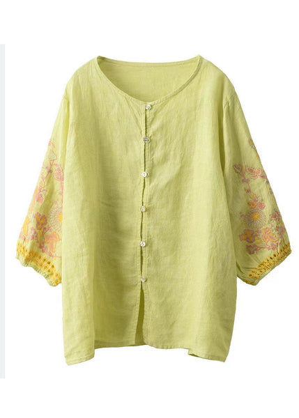 Linen Bracelet Sleeve Women Green Embroidered Light Shirts FashionChic
