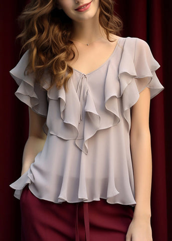 Summer Women Chiffon Top Grey Light Ruffled Up Lace FashionChic