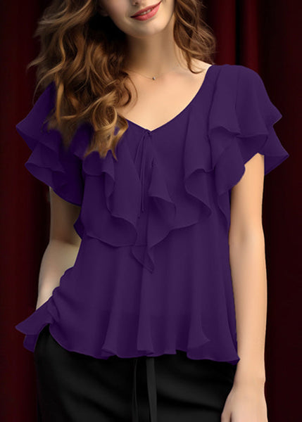 Summer Women Chiffon Top Grey Light Ruffled Up Lace FashionChic