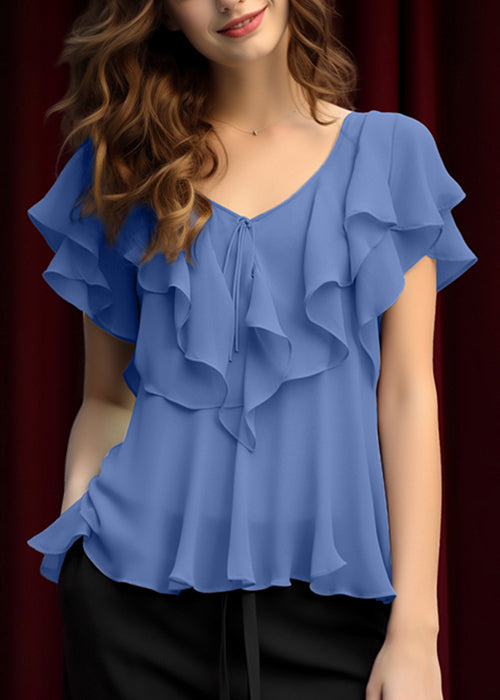 Summer Women Chiffon Top Grey Light Ruffled Up Lace FashionChic