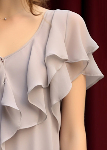 Summer Women Chiffon Top Grey Light Ruffled Up Lace FashionChic