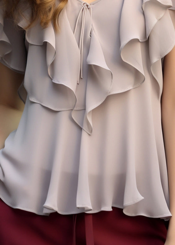 Summer Women Chiffon Top Grey Light Ruffled Up Lace FashionChic