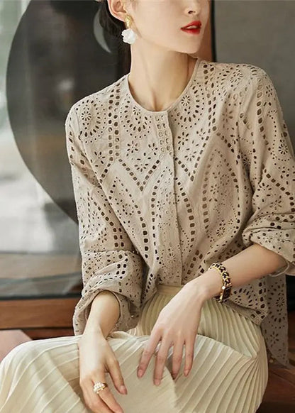 Women Light Khaki O Neck Hollow Out Cotton Blouses Long Sleeve Ada Fashion