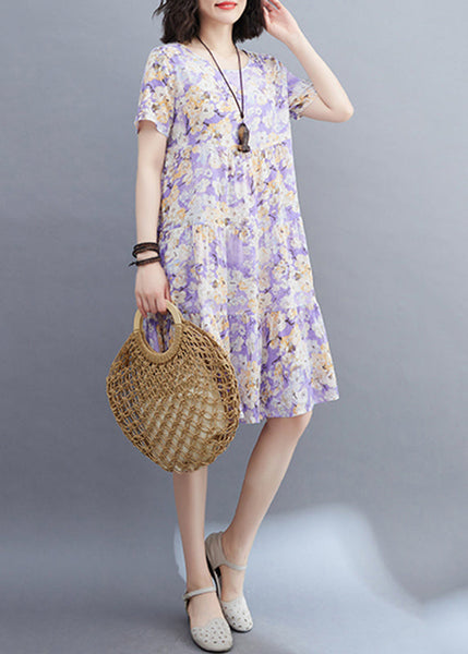 Women Light Purple Patchwork Print Mid Dresses Short Sleeveomen Light Purple Patchwork Print Mid Dresses Short Sleeve VB1015 Ada Fashion
