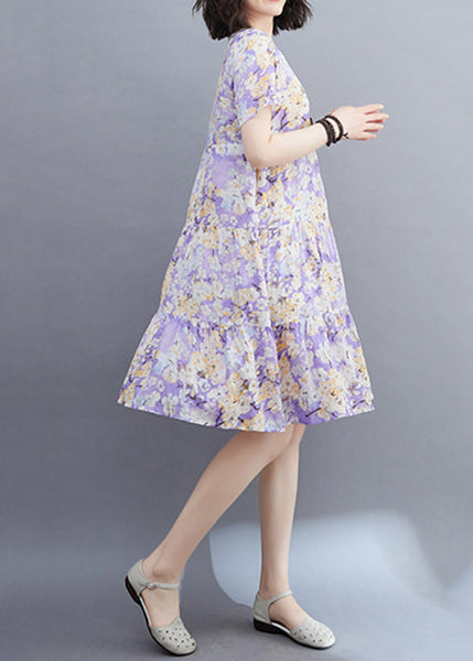 Women Light Purple Patchwork Print Mid Dresses Short Sleeveomen Light Purple Patchwork Print Mid Dresses Short Sleeve VB1015 Ada Fashion