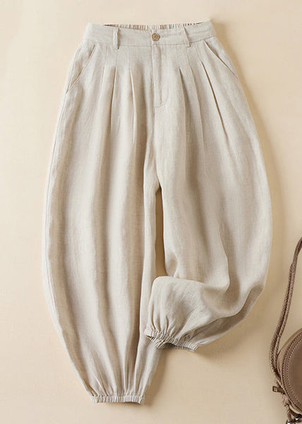 Women Linen Pockets Solid Elastic Waist Linen Crop Pants Summer GG061 MZF-CPTS240610