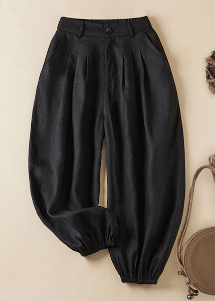 Women Linen Pockets Solid Elastic Waist Linen Crop Pants Summer GG061 MZF-CPTS240610