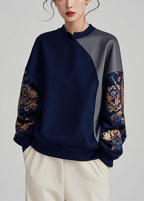 Women Navy Asymmetrical Patchwork Cotton Pullover Sweatshirt Spring YJ042 ABC