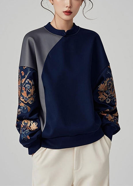 Women Navy Asymmetrical Patchwork Cotton Pullover Sweatshirt Spring YJ042 ABC