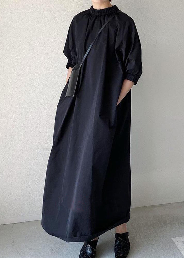 Women Navy Back Zippered Cotton Maxi Dress Half Sleeve TZ013