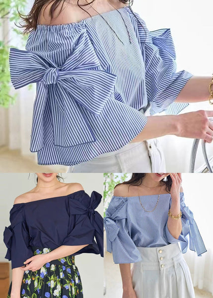 Summer Cold Navy Shoulder Top Cotton Women Shirt FashionChic