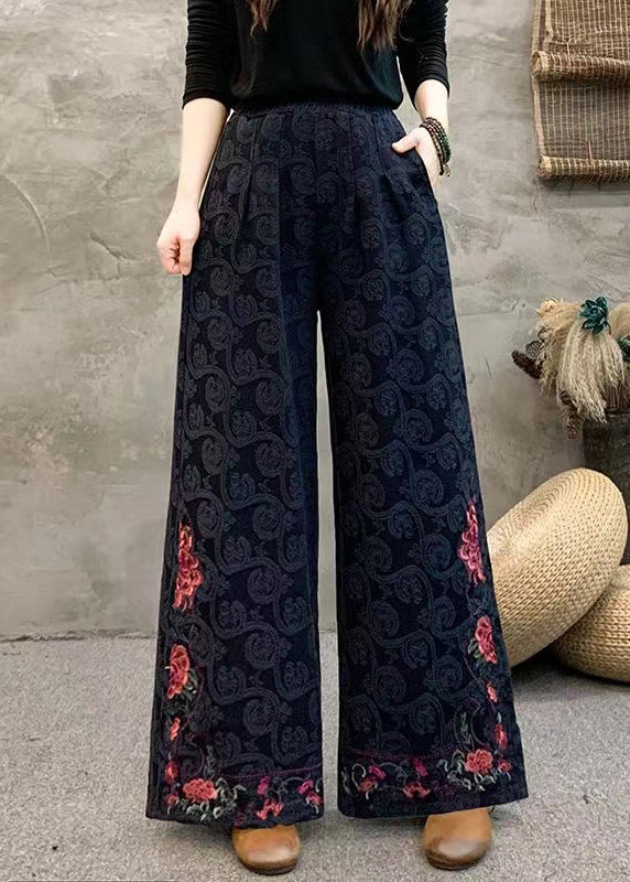 Women Navy Embroidered Pockets Cotton Wide Leg Trousers Spring BV069 MZF-LPTS240702