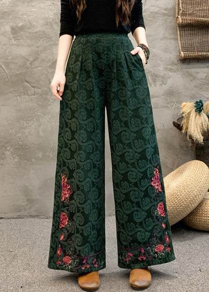 Women Navy Embroidered Pockets Cotton Wide Leg Trousers Spring BV069 MZF-LPTS240702