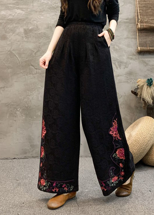 Women Navy Embroidered Pockets Cotton Wide Leg Trousers Spring BV069 MZF-LPTS240702