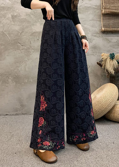 Women Navy Embroidered Pockets Cotton Wide Leg Trousers Spring BV069 MZF-LPTS240702