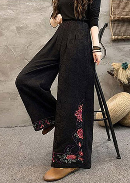 Women Navy Embroidered Pockets Cotton Wide Leg Trousers Spring BV069 MZF-LPTS240702