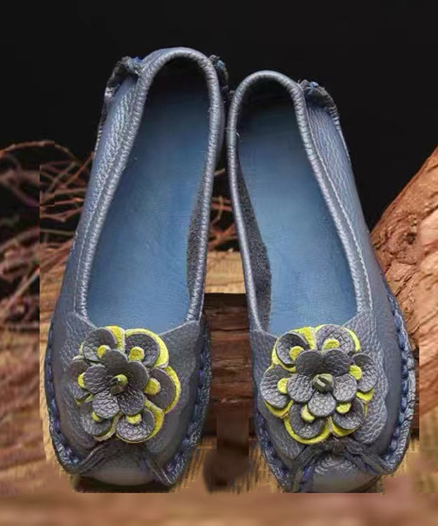 Women Navy Faux Leather Flower Splicing Flat Feet Shoes SL1028 Ada Fashion