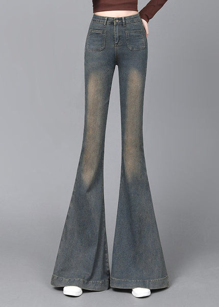 Women Navy High Waist With Pockets Denim Flare Bottoms Spring YP044 ABC