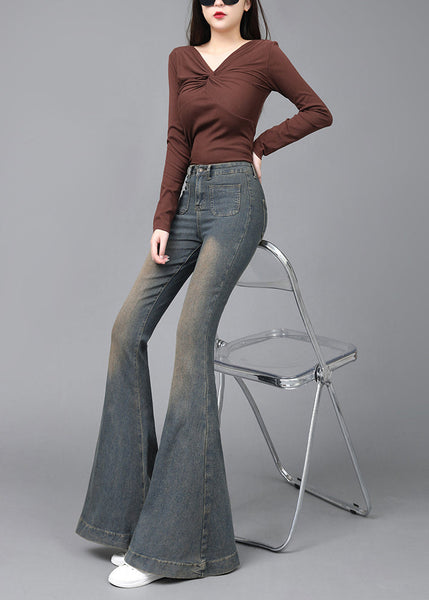 Women Navy High Waist With Pockets Denim Flare Bottoms Spring YP044 ABC