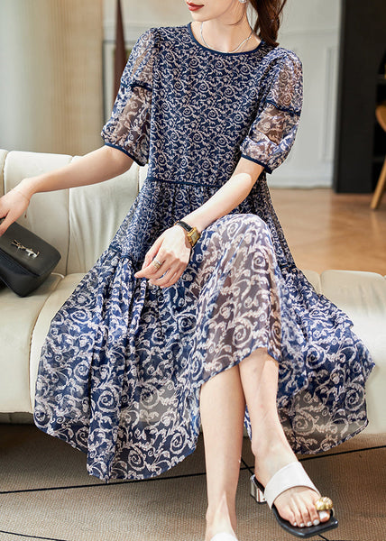 Chiffon Patchwork Women Print Neck Summer O Dresses Navy FashionChic