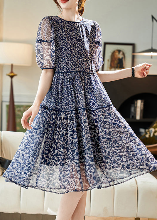 Chiffon Patchwork Women Print Neck Summer O Dresses Navy FashionChic
