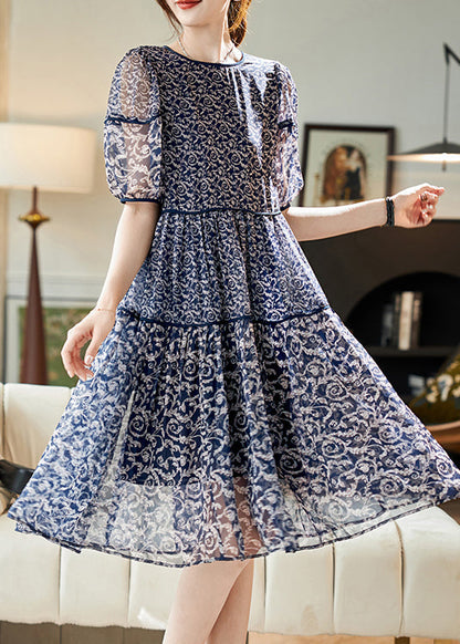 Chiffon Patchwork Women Print Neck Summer O Dresses Navy FashionChic