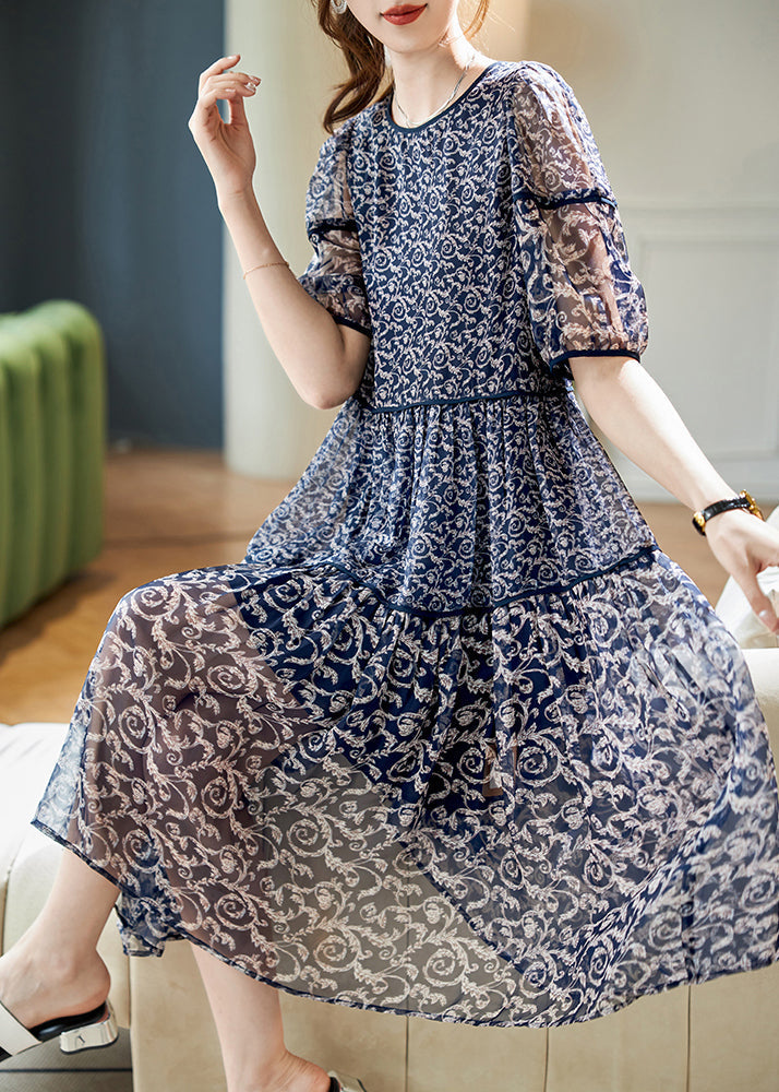 Chiffon Patchwork Women Print Neck Summer O Dresses Navy FashionChic
