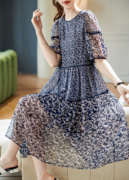 Chiffon Patchwork Women Print Neck Summer O Dresses Navy FashionChic