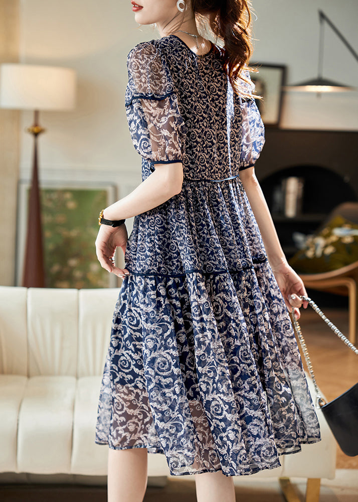 Chiffon Patchwork Women Print Neck Summer O Dresses Navy FashionChic
