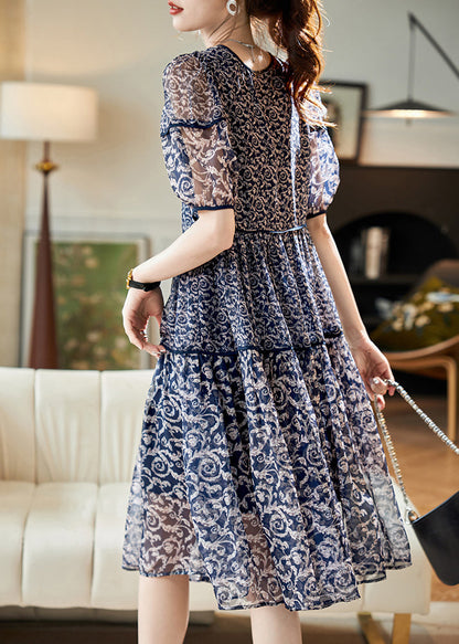 Chiffon Patchwork Women Print Neck Summer O Dresses Navy FashionChic