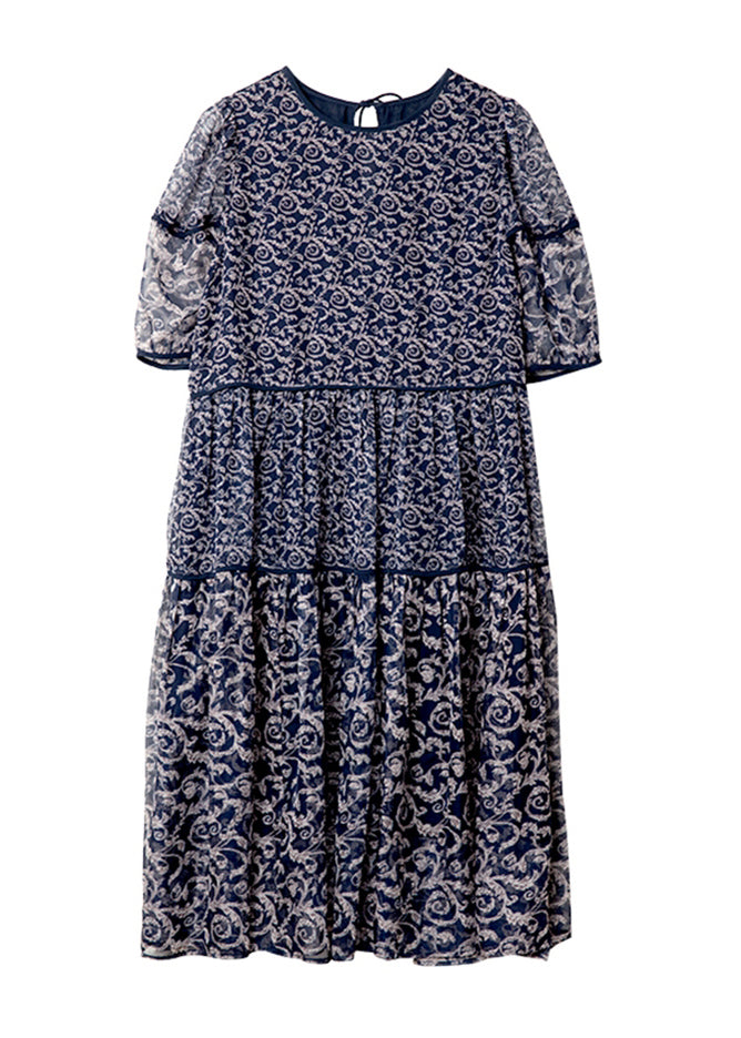 Chiffon Patchwork Women Print Neck Summer O Dresses Navy FashionChic
