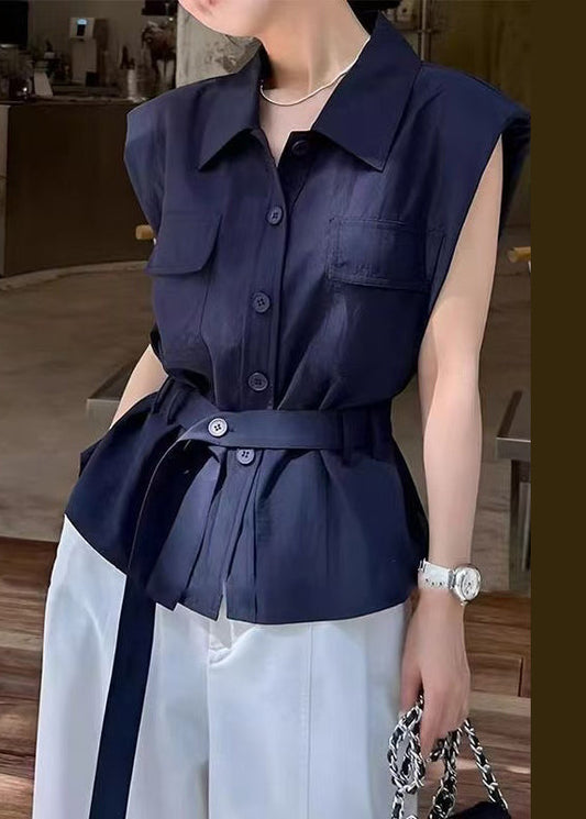 Pan Women Sleeveless Navy Peter Button Cotton Shirt Collar FashionChic