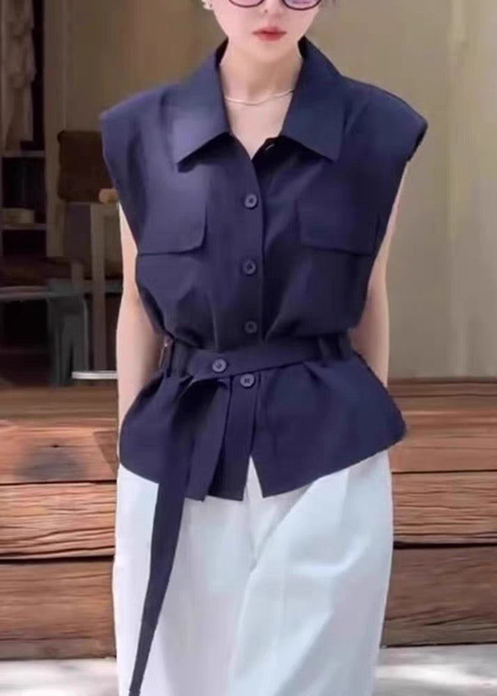 Pan Women Sleeveless Navy Peter Button Cotton Shirt Collar FashionChic