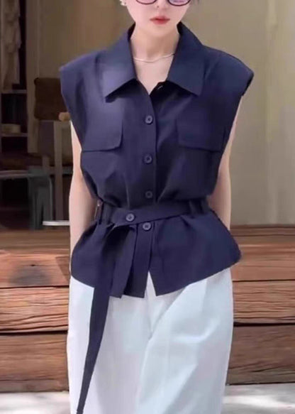 Pan Women Sleeveless Navy Peter Button Cotton Shirt Collar FashionChic
