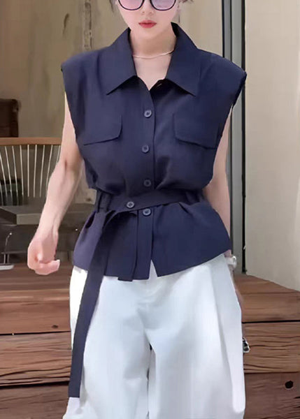 Pan Women Sleeveless Navy Peter Button Cotton Shirt Collar FashionChic