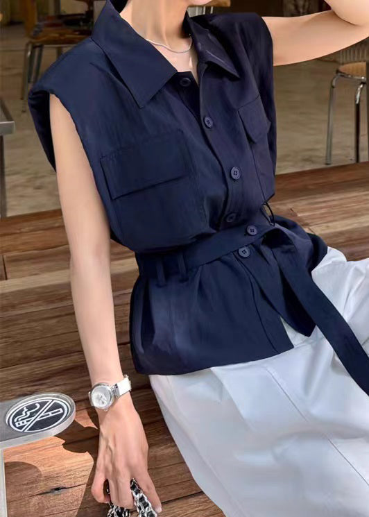 Pan Women Sleeveless Navy Peter Button Cotton Shirt Collar FashionChic