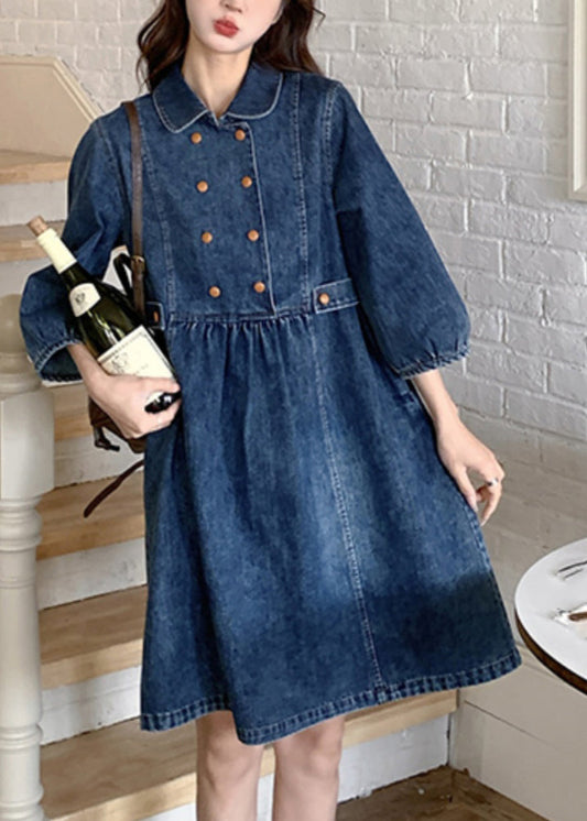 Women Navy Peter Pan Collar Wrinkled Patchwork Denim Long A Line Dress Spring RP013 ABC