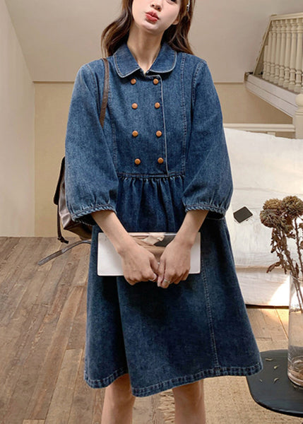 Women Navy Peter Pan Collar Wrinkled Patchwork Denim Long A Line Dress Spring RP013 ABC