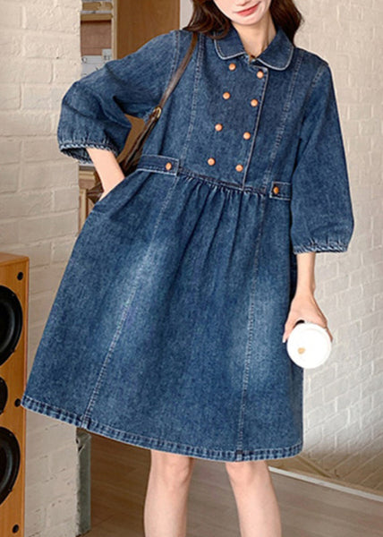 Women Navy Peter Pan Collar Wrinkled Patchwork Denim Long A Line Dress Spring RP013 ABC